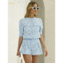 Clacive Summer Slim Blue 2 Piece Sets Women Outfit 2024 Fashion Short Sleeve Shirt With High Waist Shorts Set Female Streetwear