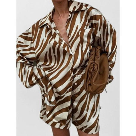 Leopard Print Spring Summer Shorts Set Women's Fashion Top Shorts Button Up Shirt+high Waisted Shorts Set Casual Two-piece Set