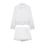 HH Women Shorts Suit Chic Crochet Hollow Long Sleeves Single-Breasted Lapel White Shirt Top+High Waist Casual Loose Shorts
