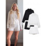 HH Women Shorts Suit Chic Crochet Hollow Long Sleeves Single-Breasted Lapel White Shirt Top+High Waist Casual Loose Shorts