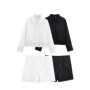 HH Women Shorts Suit Chic Crochet Hollow Long Sleeves Single-Breasted Lapel White Shirt Top+High Waist Casual Loose Shorts