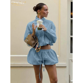 Clacive Fashion Loose Blue 2 Pieces Set For Woman 2026 Elegant Long Sleeve Shirt With High Waist Shorts Set Female Clothing