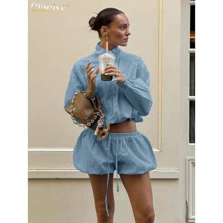 Clacive Fashion Loose Blue 2 Pieces Set For Woman 2026 Elegant Long Sleeve Shirt With High Waist Shorts Set Female Clothing