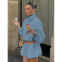 Clacive Fashion Loose Blue 2 Pieces Set For Woman 2026 Elegant Long Sleeve Shirt With High Waist Shorts Set Female Clothing