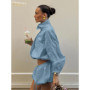Clacive Fashion Loose Blue 2 Pieces Set For Woman 2026 Elegant Long Sleeve Shirt With High Waist Shorts Set Female Clothing