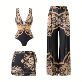 2025 Fashionable Trendy Women's Swimsuit Three Piece Set Sexy One Piece with Pants And Short Skirt Ensemble for Women