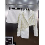 TWOTWINSTYLE Spliced Pearls Two Piece Set for Women Lapel Long Sleeve Irregular Top High Waist Mini Skirt Office Suit Female New