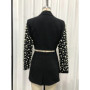 TWOTWINSTYLE Spliced Pearls Two Piece Set for Women Lapel Long Sleeve Irregular Top High Waist Mini Skirt Office Suit Female New