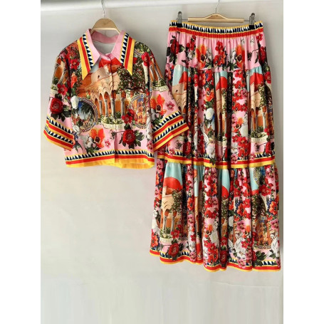 Summer women's new two-piece lapel short sleeve short printed shirt+high waist and big skirt fashion and elegant suit