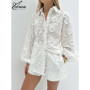 Oymimi Summer White Cotton 2 Piece Sets Women Outfit Casual Jacquard Button Wrist Sleeve Shirts And High Waist Shorts Female Set