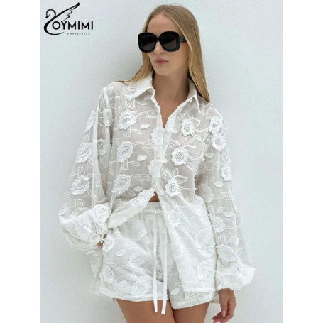 Oymimi Summer White Cotton 2 Piece Sets Women Outfit Casual Jacquard Button Wrist Sleeve Shirts And High Waist Shorts Female Set