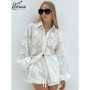 Oymimi Summer White Cotton 2 Piece Sets Women Outfit Casual Jacquard Button Wrist Sleeve Shirts And High Waist Shorts Female Set