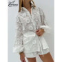 Oymimi Summer White Cotton 2 Piece Sets Women Outfit Casual Jacquard Button Wrist Sleeve Shirts And High Waist Shorts Female Set