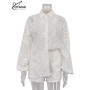 Oymimi Summer White Cotton 2 Piece Sets Women Outfit Casual Jacquard Button Wrist Sleeve Shirts And High Waist Shorts Female Set