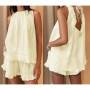 Combhasaki Women Summer 2Piece Loose Outfits Set Hollow Lace Patchwork Ruffled Trim Sleeveless Babydoll Top with Wide Leg Shorts