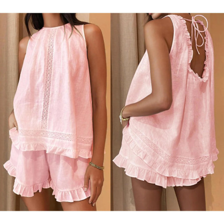 Combhasaki Women Summer 2Piece Loose Outfits Set Hollow Lace Patchwork Ruffled Trim Sleeveless Babydoll Top with Wide Leg Shorts