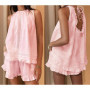 Combhasaki Women Summer 2Piece Loose Outfits Set Hollow Lace Patchwork Ruffled Trim Sleeveless Babydoll Top with Wide Leg Shorts