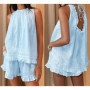 Combhasaki Women Summer 2Piece Loose Outfits Set Hollow Lace Patchwork Ruffled Trim Sleeveless Babydoll Top with Wide Leg Shorts