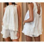 Combhasaki Women Summer 2Piece Loose Outfits Set Hollow Lace Patchwork Ruffled Trim Sleeveless Babydoll Top with Wide Leg Shorts