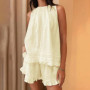 Combhasaki Women Summer 2Piece Loose Outfits Set Hollow Lace Patchwork Ruffled Trim Sleeveless Babydoll Top with Wide Leg Shorts