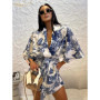 Clacive Fashion Loose Print 2 Pieces Set For Woman 2025 Elegant Three-Quarters Sleeve Shirt With High Waist Shorts Set Female
