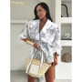 Clacive Fashion Loose Print 2 Pieces Set For Woman 2025 Elegant Three-Quarters Sleeve Shirt With High Waist Shorts Set Female