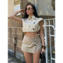HH Women Summer Shorts Suit Lapel Button Sleeveless Asymmetry Decorate Casual Short Vest Top+Elegant Slim Zipper Shorts