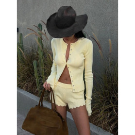 HH Women Fashion Summer Slim Sets Yellow O-Neck Long Sleeves Single-Breasted Cardigan+High Waist Shorts Female Chic Suits