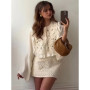 HH Female Summer Fashion Elegant Long Sleeve Lace Up Stitching Hollow Shirt+Temperament High Waist Mini A-line Skirt Suit