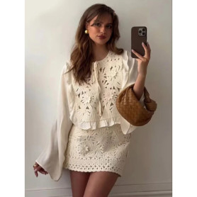 HH Female Summer Fashion Elegant Long Sleeve Lace Up Stitching Hollow Shirt+Temperament High Waist Mini A-line Skirt Suit