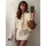 HH Female Summer Fashion Elegant Long Sleeve Lace Up Stitching Hollow Shirt+Temperament High Waist Mini A-line Skirt Suit