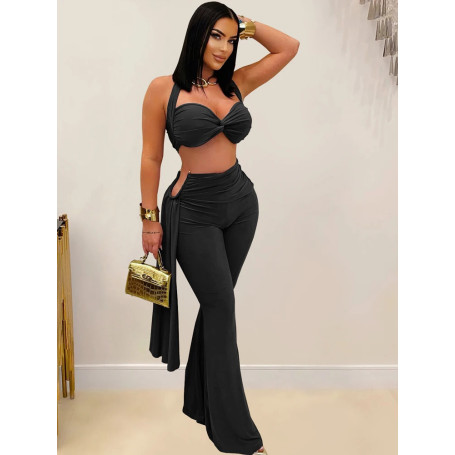 Beyprern New Chic Twist Front Crop Top And Long Straps Wide Legs Pants Set Womens Ruched Metal Tracksuits Set Night Out Overalls