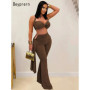 Beyprern New Chic Twist Front Crop Top And Long Straps Wide Legs Pants Set Womens Ruched Metal Tracksuits Set Night Out Overalls