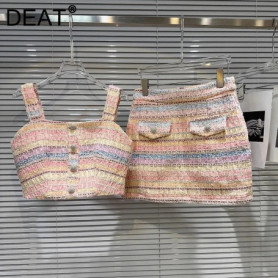 DEAT Fashion Women's Two-pieces Set Woven Rhinestone Buckle Tank Top High Waist Wrapped Hip Mini Skirt Female Trendy 11A04460