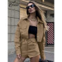 Oymimi Casual Khaki Womens 2 Piece Outfit Set Fashion Long Sleeve Button Pockets Shirts And High Waist Simple Shorts Streetwear