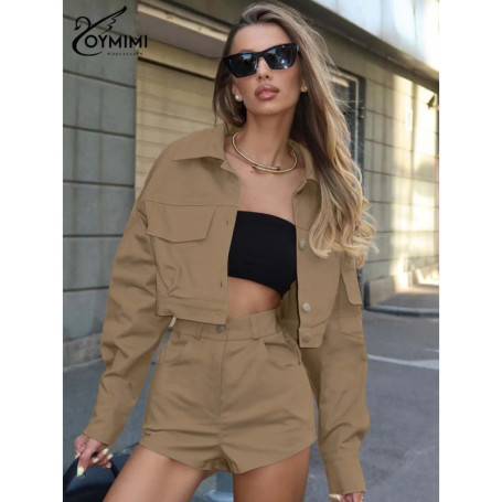 Oymimi Casual Khaki Womens 2 Piece Outfit Set Fashion Long Sleeve Button Pockets Shirts And High Waist Simple Shorts Streetwear