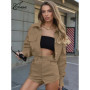 Oymimi Casual Khaki Womens 2 Piece Outfit Set Fashion Long Sleeve Button Pockets Shirts And High Waist Simple Shorts Streetwear