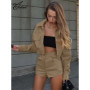 Oymimi Casual Khaki Womens 2 Piece Outfit Set Fashion Long Sleeve Button Pockets Shirts And High Waist Simple Shorts Streetwear