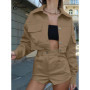 Oymimi Casual Khaki Womens 2 Piece Outfit Set Fashion Long Sleeve Button Pockets Shirts And High Waist Simple Shorts Streetwear