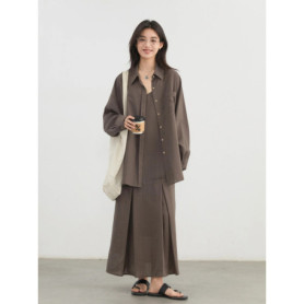 CHIC VEN Women Dress Sets Stripe Shirt Loose Casual Long Sleeve Sunscreen Blouses Camisole V-neck Dresses Spring Autumn 2025