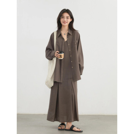 CHIC VEN Women Dress Sets Stripe Shirt Loose Casual Long Sleeve Sunscreen Blouses Camisole V-neck Dresses Spring Autumn 2025