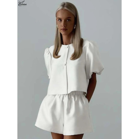 Oymimi Elegant White Satin 2 Piece Sets Woman Outfit Fashion O-Neck Short Sleeve Button Shirts And High Waist Simple Shorts Sets