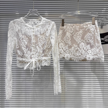 DEAT 2025 Autumn New Fashion Women's Two-pieces Set Lace High-End Feel Mesh T-shirts Wrapped Hip A-line Mini Skirt 11A06621