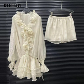 KUCLUT 2026 New French Style Two-pieces Set For Women Three-Dimensional Floral Decoration Lantern Sleeves Dress Shorts 1A2532