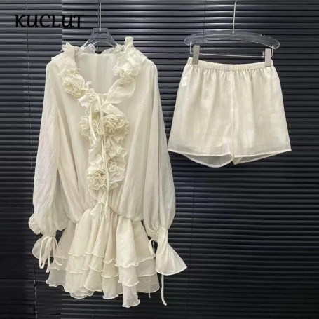 KUCLUT 2026 New French Style Two-pieces Set For Women Three-Dimensional Floral Decoration Lantern Sleeves Dress Shorts 1A2532