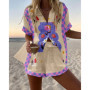 Summer Hot Style Print Beach Holiday 2-Piece Set Women Short Sleeve Shirt Top Wide Legs Short Women's Oversized Two-Piece Sets