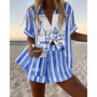 Summer Hot Style Print Beach Holiday 2-Piece Set Women Short Sleeve Shirt Top Wide Legs Short Women's Oversized Two-Piece Sets