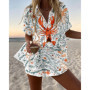 Summer Hot Style Print Beach Holiday 2-Piece Set Women Short Sleeve Shirt Top Wide Legs Short Women's Oversized Two-Piece Sets