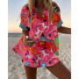 Summer Hot Style Print Beach Holiday 2-Piece Set Women Short Sleeve Shirt Top Wide Legs Short Women's Oversized Two-Piece Sets