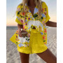 Summer Hot Style Print Beach Holiday 2-Piece Set Women Short Sleeve Shirt Top Wide Legs Short Women's Oversized Two-Piece Sets